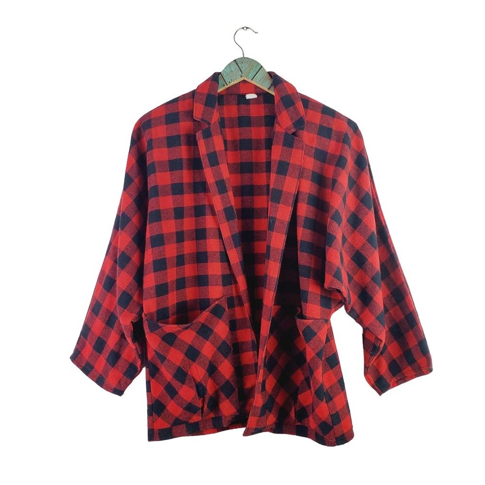 Vtg 60's Buffalo Plaid Two Pocket Open Front Buttonless Lapel Blazer Style Top